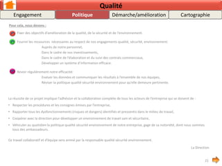 Notre politique qualité
Notre entreprise s’est engagée depuis plusieurs années dans une démarche organisationnelle et concurrentielle avec une considération
affirmée pour la prise en compte des exigences de nos clients et cela dans le respect du cadre réglementaire légal ou relatif au marché à
exécuter.
Dans ce contexte, nous avons défini nos objectifs :
 Faire progresser un système de management de la qualité basé sur un référentiel international (ISO 9001 v2008),
l’objectif étant de satisfaire les exigences de nos clients.
 Mettre en œuvre, selon les règles de sécurité établies, des prestations de service efficaces, en réponse au besoin
exprimé.
 Maîtriser et améliorer nos processus en tenant compte de la dimension environnementale. Ainsi nous entendons
réduire nos coûts et notamment ceux engendrés par les dysfonctionnements ou les presque
dysfonctionnements.
Planifier
Faire
Vérifier
Agir
Qualité
Politique CartographieDémarche/améliorationEngagement
21
 