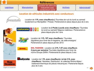 Références
Location de véhicules industriels avec conducteurs
40
Location de véhicules
industriels avec
conducteurs (3/3)
25 Tournées VL avec chauffeurs et 2 navettes Poids Lourds avec
chauffeurs :
o 5 tournées au départ de Grenoble / partenariat depuis plus de 5 ans
o 8 tournées au départ de Castres / partenariat depuis plus de 2 ans /
site délocalisé au départ de notre agence de Castres
o 12 tournées au départ de Castres / partenariat depuis plus de 2 ans
/ site délocalisé au départ de notre agence d’Agen
o 2 navettes PL au départ de Toulouse
Location de 2 Poids Lourd avec 4 chauffeurs / Distribution régionale
de nuit Partenariat en place depuis avril 2012 / véhicules aux couleurs
du client
Autres tournées de distribution auprès de clients transporteurs
(groupage régional, messagerie et express) :
Logistique Manutention Archives Administratif
 