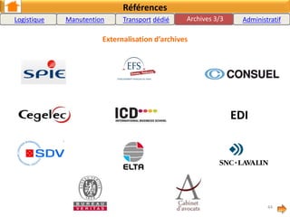 Références
105 avenue du Général Eisenhower
31100 TOULOUSE
Depuis 2001 –
Avenue Jean Baylet
31095 TOULOUSE
Depuis 2000
ATOS ORIGIN
6 IMPASSE ALICE GUY
31300 TOULOUSE
2009
4-6 BD DE STRASBOURG
31000 TOULOUSE
Mai 2009
CPAM - 3, Boulevard Léopold Escande
31 TOULOUSE –
Depuis 2001.
DDASS / DRASS DE L'HERAULT
1025 rue Henri Becquerel - 34
MONTPELLIER
Mme GOUTTEBESSIS / Tél :
04.67.07.20.07
Févr. 2007
ETABLISSEMENT DE DIFFUSION D’IMPRESSION
ET D’ARCHIVES DU COMMISARIAT
DE L’ARMEE DE TERRE
10 RUE DALI – 42 0007 ST ETIENNE
MAI ET AOUT 2009 –
Transferts administratifs AIRBUS France
316, route de Bayonne - 31TOULOUSE
Depuis 1976 -
AIRBUS ENTITY
1, Rond point Maurice Bellonte
31 BLAGNAC
Depuis 1997
ASSYSTEM France
13, RUE MARIE LOUIS DISSARD
31 024 TOULOUSE CEDEX 3
Mars 2008
DIRECTION DES SERVICES FISCAUX DE HTE
GARONNE
PLACE DU PILAT - 31800 SAINT GAUDENS
SUPAERO
10 avenue Edouard Belin
31 055 TOULOUSE
Depuis 2004
CENTRE NUCLEAIRE EDF CNPE DU BLAYAIS
33820 ST CIERS SUR GIRONDE
2007 Transfert de gros matériels scientifiques et
de l’ensemble de l’environnement de travail.
Administratif 1/2
44
Logistique Manutention Location de véhicule
industriel avec conducteur
Archives
 