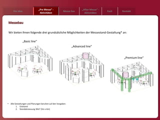 „Pre Messe” -                           „After Messe“ -
       Die Idee                                            Messe live                      Fazit   Kontakt
                                  Aktivitäten                              Aktivitäten




    Wir bieten Ihnen folgende drei grundsätzliche Möglichkeiten der Messestand-Gestaltung* an:

                  „Basic line“
                                                                  „Advanced line“


                                                                                                    „Premium line“




•    Alle Gestaltungen und Planungen beruhen auf den Vorgaben:
           1. Eckstand
           2. Standabmessung 30m² (5m x 6m)
 