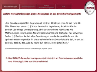 ®
                                                              INBACO
Herausforderungen           Bewerbungsprozess                                    Fazit
                                                        Bewerbermanagement


Welche Herausforderungen gibt es heutzutage an das Bewerbermanagement?


 „Die Bevölkerungszahl in Deutschland wird bis 2030 von etwa 82 auf rund 78
 Mio. Menschen sinken (…) Schon heute sind Ingenieure, Arbeitskräfte im
 Bereich von Pflege und Erziehung, aber auch studierte Fachkräfte wie
 Mathematiker, Informatiker, Naturwissenschaftler und Techniker nur schwer zu
 finden (…) Denken Sie bei allen Bemühungen um die besten Köpfe und die
 optimalsten Lösungen für Ihr Unternehmen daran: Zukunft ist die Zeit, in der du
 bereust, dass du das, was du heute tun kannst, nicht getan hast.“

 Quelle: Bewerbermanagement in Zeiten von Fachkräftemangel, Flügelstift 2/2011




   Das INBACO-Bewerbermanagement richtet sich an Personalverantwortliche
    und Führungskräfte von Unternehmen!
 
