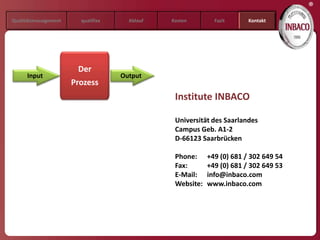 ®
Qualitätsmanagement     qualifixx     Ablauf   Kosten        Fazit      Kontakt




                        Der
     Input                          Output
                      Prozess
                                                Institute INBACO

                                                Universität des Saarlandes
                                                Campus Geb. A1-2
                                                D-66123 Saarbrücken

                                                Phone:     +49 (0) 681 / 302 649 54
                                                Fax:       +49 (0) 681 / 302 649 53
                                                E-Mail:    info@inbaco.com
                                                Website:   www.inbaco.com
 