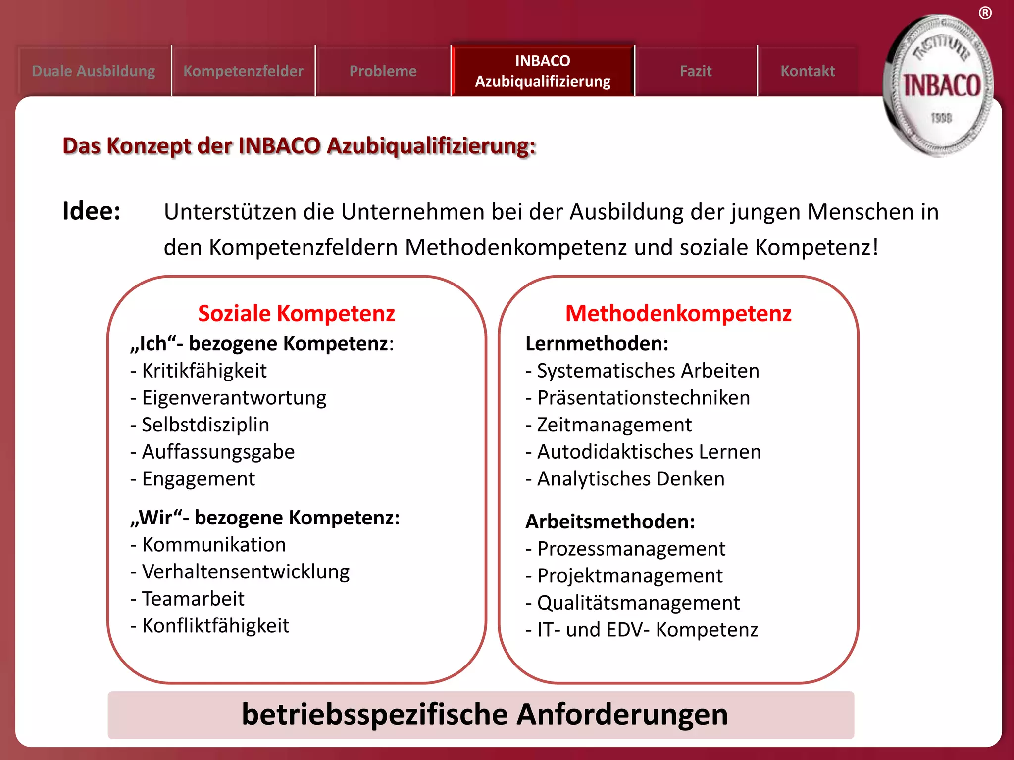 ®
                                                      INBACO
Duale Ausbildung    Kompetenzfelder   Probleme                          Fazit       Kontakt
                                                 Azubiqualifizierung


   Das Konzept der INBACO Azubiqualifizierung:

   Idee:           Unterstützen die Unternehmen bei der Ausbildung der jungen Menschen in
                   den Kompetenzfeldern Methodenkompetenz und soziale Kompetenz!

                      Soziale Kompetenz                      Methodenkompetenz
            „Ich“- bezogene Kompetenz:                  Lernmethoden:
            - Kritikfähigkeit                           - Systematisches Arbeiten
            - Eigenverantwortung                        - Präsentationstechniken
            - Selbstdisziplin                           - Zeitmanagement
            - Auffassungsgabe                           - Autodidaktisches Lernen
            - Engagement                                - Analytisches Denken
            „Wir“- bezogene Kompetenz:                  Arbeitsmethoden:
            - Kommunikation                             - Prozessmanagement
            - Verhaltensentwicklung                     - Projektmanagement
            - Teamarbeit                                - Qualitätsmanagement
            - Konfliktfähigkeit                         - IT- und EDV- Kompetenz


                           betriebsspezifische Anforderungen
 