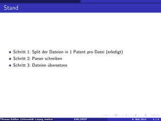 Stand




          Schritt 1: Split der Dateien in 1 Patent pro Datei (erledigt)
          Schritt 2: Parser schreiben
          Schritt 3: Dateien übersetzen




Thomas Schöne (Universität Leipzig Institut für Informatik)   XML2RDF     8. Mai 2012   3 / 4
 