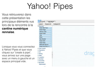 Yahoo! Pipes
Vous retrouverez dans
cette présentation les
principaux éléments vus
lors de la rencontre à la
cantine numérique
rennaise.



Lorsque vous vous connectez
à Yahoo! Pipes et que vous
cliquez sur "create à pipe",
vous arrivez sur une page
avec un menu à gauche et un
espace principal vide.
 