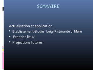 SOMMAIRE


Actualisation et application
 Etablissement étudié : Luigi Ristorante di Mare
 Etat des lieux
 Projections futures
 