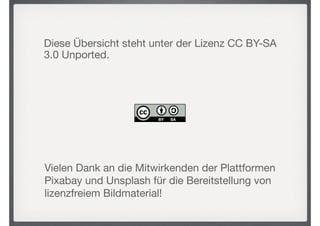 Diese Übersicht steht unter der Lizenz CC BY-SA
3.0 Unported.

Vielen Dank an die Mitwirkenden der Plattformen
Pixabay und Unsplash für die Bereitstellung von
lizenzfreiem Bildmaterial!

 