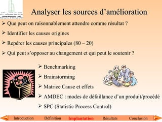 Analyser les sources d’amélioration
 Que peut on raisonnablement attendre comme résultat ?
 Identifier les causes origines
 Repérer les causes principales (80 – 20)
 Qui peut s’opposer au changement et qui peut le soutenir ?
 Benchmarking
 Brainstorming
 Matrice Cause et effets
 AMDEC : modes de défaillance d’un produit/procédé
 SPC (Statistic Process Control)
Introduction

Définition

Implantation

Résultats

Conclusion

 