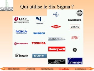 Qui utilise le Six Sigma ?

Introduction

Définition

Implantation

Résultats

Conclusion

 