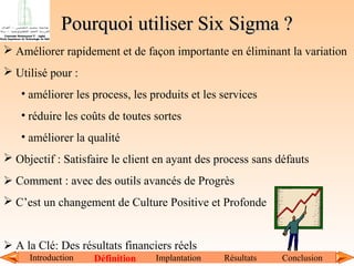 Pourquoi utiliser Six Sigma ?
 Améliorer rapidement et de façon importante en éliminant la variation
 Utilisé pour :
• améliorer les process, les produits et les services
• réduire les coûts de toutes sortes
• améliorer la qualité
 Objectif : Satisfaire le client en ayant des process sans défauts
 Comment : avec des outils avancés de Progrès
 C’est un changement de Culture Positive et Profonde

 A la Clé: Des résultats financiers réels
Introduction

Définition

Implantation

Résultats

Conclusion

 