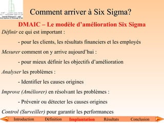 Comment arriver à Six Sigma?
DMAIC – Le modèle d’amélioration Six Sigma
Définir ce qui est important :
- pour les clients, les résultats financiers et les employés
Mesurer comment on y arrive aujourd’hui :
- pour mieux définir les objectifs d’amélioration
Analyser les problèmes :
- Identifier les causes origines
Improve (Améliorer) en résolvant les problèmes :
- Prévenir ou détecter les causes origines
Control (Surveiller) pour garantir les performances
Introduction

Définition

Implantation

Résultats

Conclusion

 