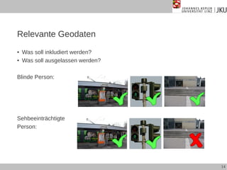 Relevante Geodaten
●
●

Was soll inkludiert werden?
Was soll ausgelassen werden?

Blinde Person:

Sehbeeinträchtigte
Person:

14

 