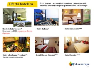11
Hotel du Futuroscope *
Renovado en 2014, con acceso directo
al parque
Hotel du Parc * Hotel Campanile ***
 12 Hoteles 1 a 4 estrellas situados a 10 minutos soló
andando de la entrada principal del Parque Futuroscope
Hotel Jules Verne Premium**
Habitaciones tematizadas
Hotel Alteora Comfort *** Hotel Novotel ****
Oferta hotelera
 
