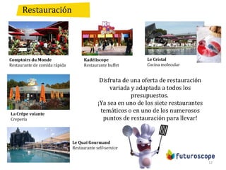 12
Restauración
Comptoirs du Monde
Restaurante de comida rápida
Kadéliscope
Restaurante buffet
Le Cristal
Cocina molecular
La Crêpe volante
Crepería
Disfruta de una oferta de restauración
variada y adaptada a todos los
presupuestos.
¡Ya sea en uno de los siete restaurantes
temáticos o en uno de los numerosos
puntos de restauración para llevar!
Le Quai Gourmand
Restaurante self-service
 