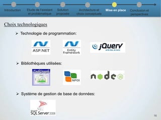 Choix technologiques
 Technologie de programmation:
16
Introduction Etude de l’existant
et problématique
Solution
proposée
Architecture et
choix conceptuels
Mise en place Conclusion et
perspectives
 Bibliothèques utilisées:
 Système de gestion de base de données:
 