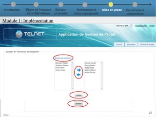 Création d’un projet
Module 1: Implémentation
22
Introduction Etude de l’existant
et problématique
Solution
proposée
Architecture et
choix conceptuels
Mise en place Conclusion et
perspectives
 