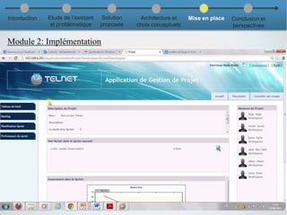 Suivi de sprint
Module 2: Implémentation
28
Introduction Etude de l’existant
et problématique
Solution
proposée
Architecture et
choix conceptuels
Mise en place Conclusion et
perspectives
 