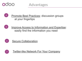 Advantages
4 Promote Best Practices: discussion groups
at your fingertips
5 Improve Access to Information and Expertise:
e...