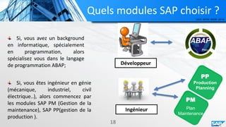 Quels modules SAP choisir ?
Développeur
Ingénieur
PM
Plan
Maintenance
18
PP
Production
Planning
Si, vous avez un background
en informatique, spécialement
en programmation, alors
spécialisez vous dans le langage
de programmation ABAP;
Si, vous êtes ingénieur en génie
(mécanique, industriel, civil
électrique..), alors commencez par
les modules SAP PM (Gestion de la
maintenance), SAP PP(gestion de la
production ).
 