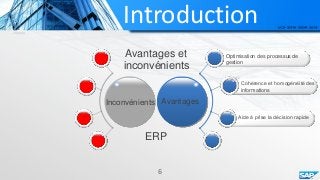 Introduction
Avantages et
inconvénients
AvantagesInconvénients
Optimisation des processus de
gestion
Cohérence et homogénéité des
informations
Aide à prise la décision rapide
6
ERP
 