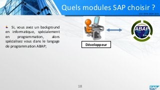 Quels modules SAP choisir ?
Développeur
18
Si, vous avez un background
en informatique, spécialement
en programmation, alors
spécialisez vous dans le langage
de programmation ABAP;
 