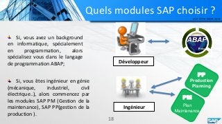 Quels modules SAP choisir ?
Développeur
Ingénieur
PM
Plan
Maintenance
18
PP
Production
Planning
Si, vous avez un background
en informatique, spécialement
en programmation, alors
spécialisez vous dans le langage
de programmation ABAP;
Si, vous êtes ingénieur en génie
(mécanique, industriel, civil
électrique..), alors commencez par
les modules SAP PM (Gestion de la
maintenance), SAP PP(gestion de la
production ).
 