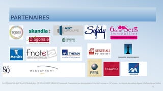 SAS FINANCIALAGP Siret N°808083851- CIF COA COBSP ORIAS N°15000246-Transaction sur Immeuble et Fond de Commerce N°153904 - 74 chemin des sables 69400Villefranche sur Saône
8
PARTENAIRES
 