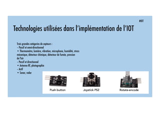 #IOT
Technologies utilisées dans l’implémentation de l’IOT
Trois grandes catégories de capteurs :
– Passif et omni-directionnel
• Thermomètre, lumière, vibration, microphone, humidité, stress
mécanique, détecteur chimique, détecteur de fumée, pression
de l'air
– Passif et directionnel
• Antenne Rf, photographie
– Actif
• Sonar, radar
 