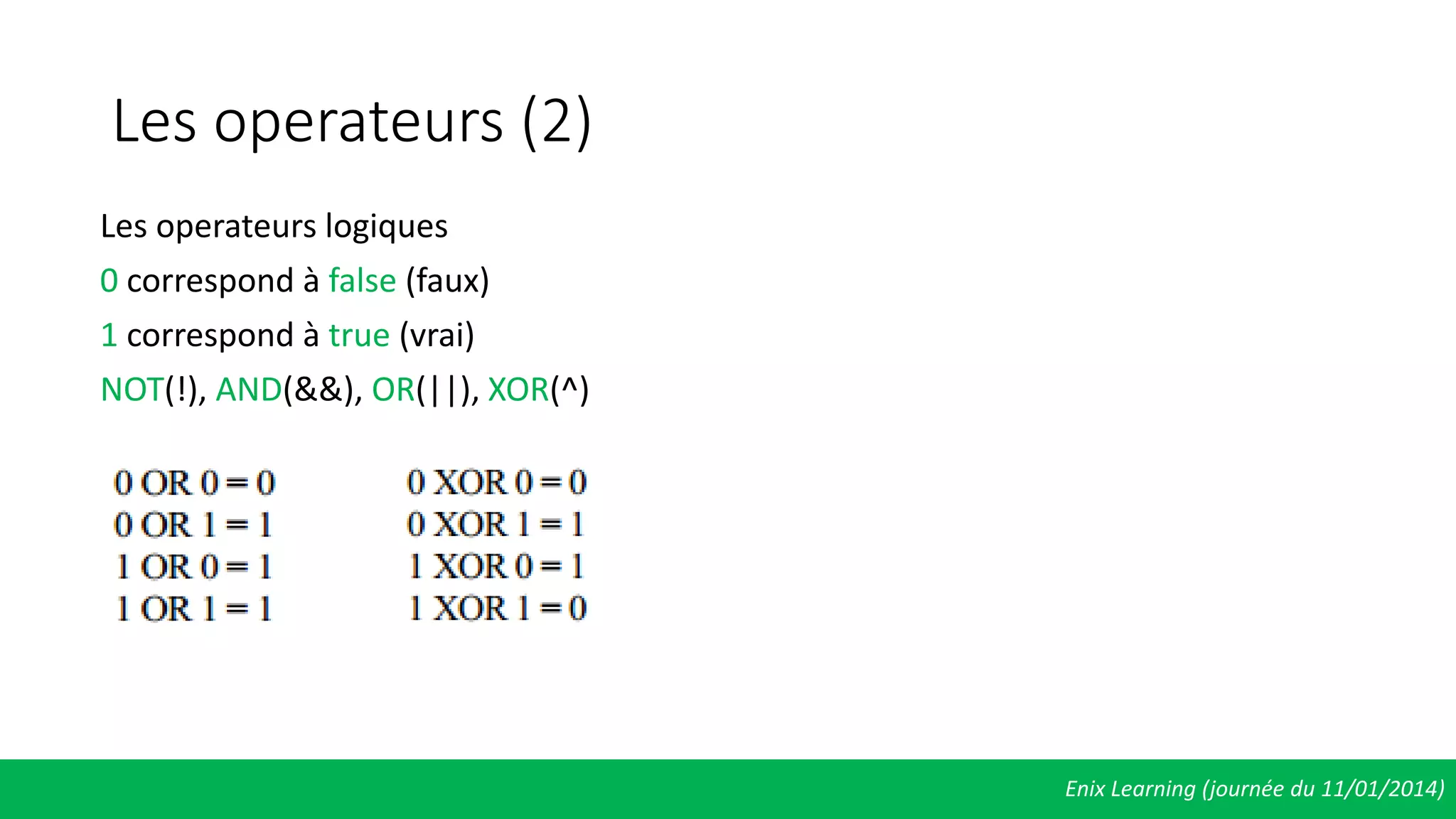Les operateurs (2)
Les operateurs logiques
0 correspond à false (faux)
1 correspond à true (vrai)
NOT(!), AND(&&), OR(||), XOR(^)
Enix Learning (journée du 11/01/2014)
 