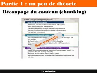 Partie 1 : un peu de théorie
La rédaction
Découpage du contenu (chunking)
Bon exemple
 