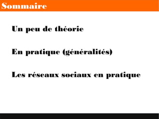 Sommaire
Un peu de théorie
En pratique (généralités)
Les réseaux sociaux en pratique
 