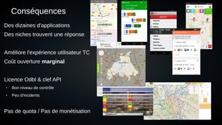 5
Conséquences
Des dizaines d'applications
Des niches trouvent une réponse
Améliore l'expérience utilisateur TC
Coût ouverture marginal
Licence Odbl & clef API
● Bon niveau de contrôle
● Peu d'incidents
Pas de quota / Pas de monétisation
 