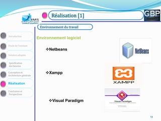 111111111111
Conception et
Architecture générale
Spécification
des besoins
Solution adoptée
Etude de l’existant
Introduction
Réalisation
Conclusion et
Perspectives
Réalisation [1]
Environnement du travail
Environnement logiciel
Netbeans
Xampp
Visual Paradigm
 