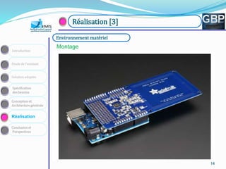 141414141414
Conception et
Architecture générale
Spécification
des besoins
Solution adoptée
Etude de l’existant
Introduction
Réalisation
Conclusion et
Perspectives
Réalisation [3]
Montage
Environnement matériel
 