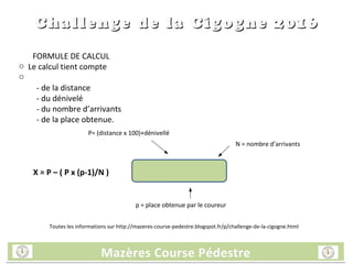FORMULE DE CALCUL
o Le calcul tient compte
o
- de la distance
- du dénivelé
- du nombre d’arrivants
- de la place obtenue.
X = P – ( P x (p-1)/N )
Mazères Course PédestreMazères Course PédestreMazères Course PédestreMazères Course Pédestre
Challenge de la Cigogne 2016Challenge de la Cigogne 2016
P= (distance x 100)+dénivellé
p = place obtenue par le coureur
N = nombre d’arrivants
Toutes les informations sur http://mazeres-course-pedestre.blogspot.fr/p/challenge-de-la-cigogne.html
 