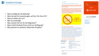 SharePoint-Schwabe
Nutzen Sie alle Räume Ihrer SharePoint Villa bevor Sie anbauen!
• Wann erfolgt die Umstellung?
• Was hat das für Auswirkungen auf Sie / für Ihren PC?
• Warum stellen wir um?
• Wer ist zuständig?
• Was müssen Sie tun für die Migration?
• Wann steht Outlook Ihnen nicht zur Verfügung?
• Was passiert im weiteren Ablauf des Projekts?
 