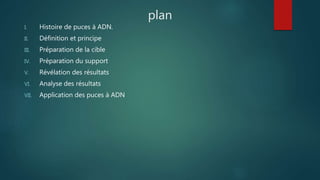 plan
I. Histoire de puces à ADN.
II. Définition et principe
III. Préparation de la cible
IV. Préparation du support
V. Révélation des résultats
VI. Analyse des résultats
VII. Application des puces à ADN
 
