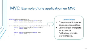 MVC: Exemple d’une application en MVC
10
Le contrôleur
• Chaque vue est associée
à un unique contrôleur.
• Le contrôleur interprète
les actions de
l’utilisateur et met à
jour le modèle.
 