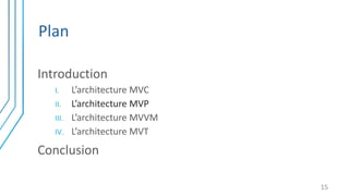 Plan
Introduction
I. L’architecture MVC
II. L’architecture MVP
III. L’architecture MVVM
IV. L’architecture MVT
Conclusion
15
 