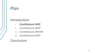 Plan
Introduction
I. L’architecture MVC
II. L’architecture MVP
III. L’architecture MVVM
IV. L’architecture MVT
Conclusion
4
 