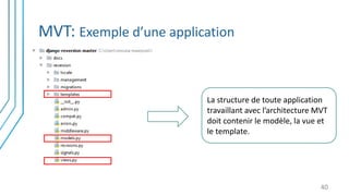 MVT: Exemple d’une application
40
La structure de toute application
travaillant avec l’architecture MVT
doit contenir le modèle, la vue et
le template.
 