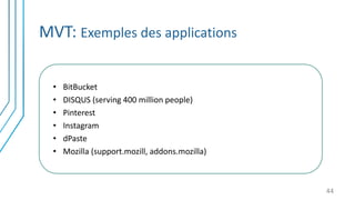 MVT: Exemples des applications
44
• BitBucket
• DISQUS (serving 400 million people)
• Pinterest
• Instagram
• dPaste
• Mozilla (support.mozill, addons.mozilla)
 