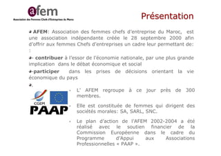 • L’ AFEM regroupe à ce jour près de 300
membres.
• Elle est constituée de femmes qui dirigent des
sociétés morales: SA, SARL, SNC.
• Le plan d’action de l’AFEM 2002-2004 a été
réalisé avec le soutien financier de la
Commission Européenne dans le cadre du
Programme d’Appui aux Associations
Professionnelles « PAAP ».
AFEM: Association des femmes chefs d’entreprise du Maroc, est
une association indépendante créée le 28 septembre 2000 afin
d’offrir aux femmes Chefs d’entreprises un cadre leur permettant de:
:
- contribuer à l’essor de l’économie nationale, par une plus grande
implication dans le débat économique et social
-participer dans les prises de décisions orientant la vie
économique du pays
.
Pr
Pré
ésentation
sentation
 