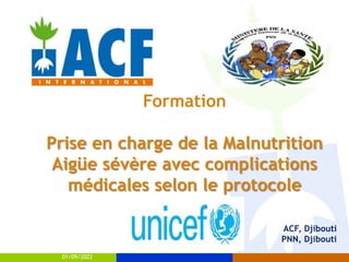 ACF, Djibouti
PNN, Djibouti
Formation
Prise en charge de la Malnutrition
Aigüe sévère avec complications
médicales selon le protocole
National
01/09/2022
 