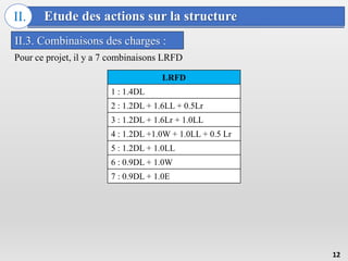 Etude des actions sur la structure
II.
II.3. Combinaisons des charges :
12
Pour ce projet, il y a 7 combinaisons LRFD
LRFD
1 : 1.4DL
2 : 1.2DL + 1.6LL + 0.5Lr
3 : 1.2DL + 1.6Lr + 1.0LL
4 : 1.2DL +1.0W + 1.0LL + 0.5 Lr
5 : 1.2DL + 1.0LL
6 : 0.9DL + 1.0W
7 : 0.9DL + 1.0E
 