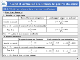 Calcul et vérification des éléments des poutres alvéolaires
III.
20
III.1. Vérifier au voilement local et section classification :
1. Pour la section en té
 Soumise à la compression
Rapport largueur sur épaisseur Limit rapport larguer sur épaisseur
Semelle en console
Cas , La semelle en console est en classe nonslender
Âme de té
Cas , âme de té est en classe nonslender
5.05
f
b
t
   0.56 13.48
r
y
E
F
  
14.81
t
w
d
t
   0.75 18.06
r
y
E
F
  
r
 

r
 

 Soumise à la flexion
Rapport largueur sur épaisseur Limit rapport larguer sur épaisseur
Semelle en console
Cas , La semelle en console est en classe compact
Âme de té
Cas , âme de té est en classe compact
5.05
f
b
t
   0.38 9.15
p
y
E
F
   1.0 24.08
r
y
E
F
  
0.84 20.22
p
y
E
F
   1.52 36.60
r
y
E
F
  
14.81
t
w
d
t
  
p
 

p
 

 