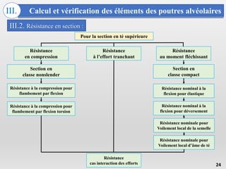 Calcul et vérification des éléments des poutres alvéolaires
III.
24
III.2. Résistance en section :
Résistance
à l’effort tranchant
Pour la section en té supérieure
Résistance
en compression
Résistance
au moment fléchissant
Résistance à la compression pour
flambement par flexion
Résistance à la compression pour
flambement par flexion torsion
Résistance nominal à la
flexion pour élastique
Résistance nominal à la
flexion pour déversement
Résistance nominale pour
Voilement local de la semelle
Résistance nominale pour
Voilement local d’âme de té
Résistance
cas interaction des efforts
Section en
classe nonslender
Section en
classe compact
 