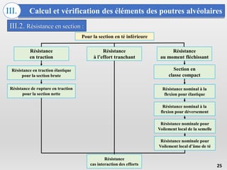 Calcul et vérification des éléments des poutres alvéolaires
III.
25
III.2. Résistance en section :
Résistance
à l’effort tranchant
Pour la section en té inférieure
Résistance
en traction
Résistance
au moment fléchissant
Résistance en traction élastique
pour la section brute
Résistance de rupture en traction
pour la section nette
Résistance nominal à la
flexion pour élastique
Résistance nominal à la
flexion pour déversement
Résistance nominale pour
Voilement local de la semelle
Résistance nominale pour
Voilement local d’âme de té
Résistance
cas interaction des efforts
Section en
classe compact
 