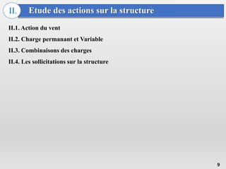Etude des actions sur la structure
II.
9
II.1. Action du vent
II.2. Charge permanant et Variable
II.3. Combinaisons des charges
II.4. Les sollicitations sur la structure
 