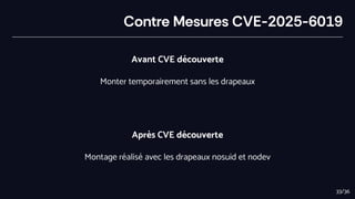 Contre Mesures CVE-2025-6019
Avant CVE découverte
Monter temporairement sans les drapeaux
Après CVE découverte
Montage réalisé avec les drapeaux nosuid et nodev
33/36
 